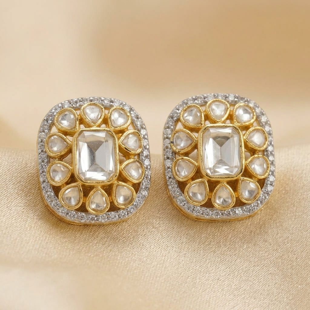 92.5 Silver Polki Square-shaped stud earring