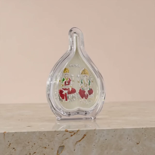 999 Pure Silver Laxmi & Ganesh Ji Pan Shape Frame | Divine Home & Office Decor 5X6 Inch