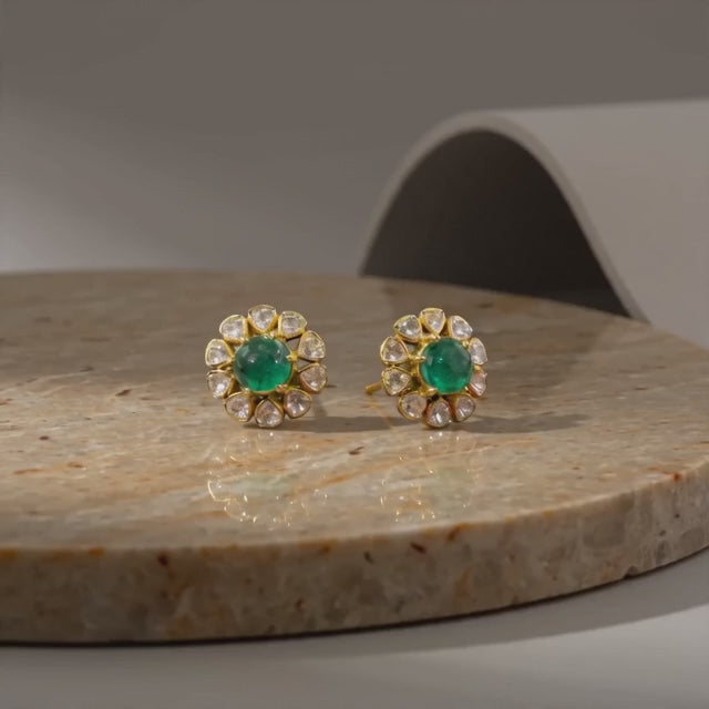 92.5 Silver Polki Emerald stone Stud earring