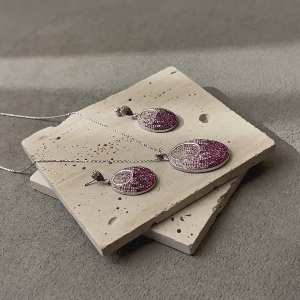 925 Silver Rose Pave Oval Pendant Set