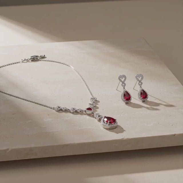 92.5 Sterling Silver teardrop red ruby necklace set