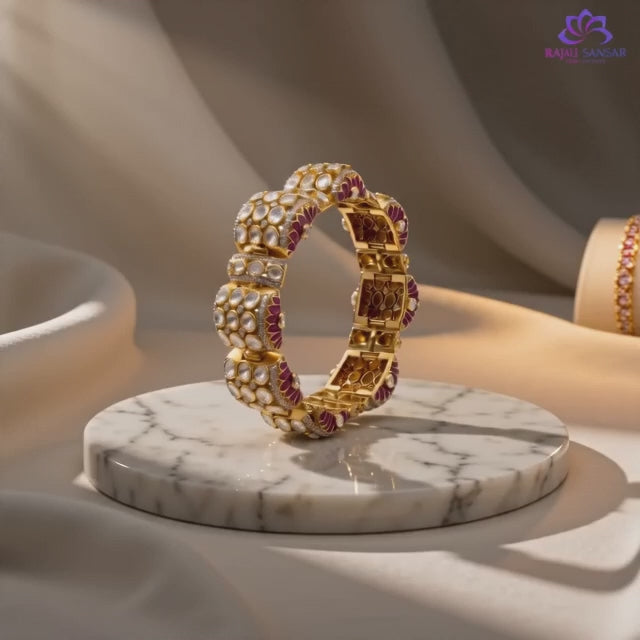 92.5 Silver Polki Rajwadi Bangle lotus Shapes