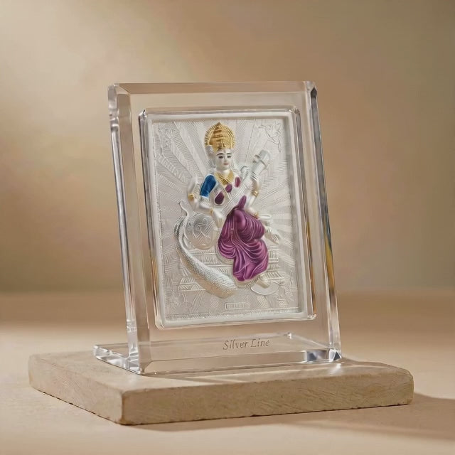 999 Silver Saraswati Ji Photo Frame Idol