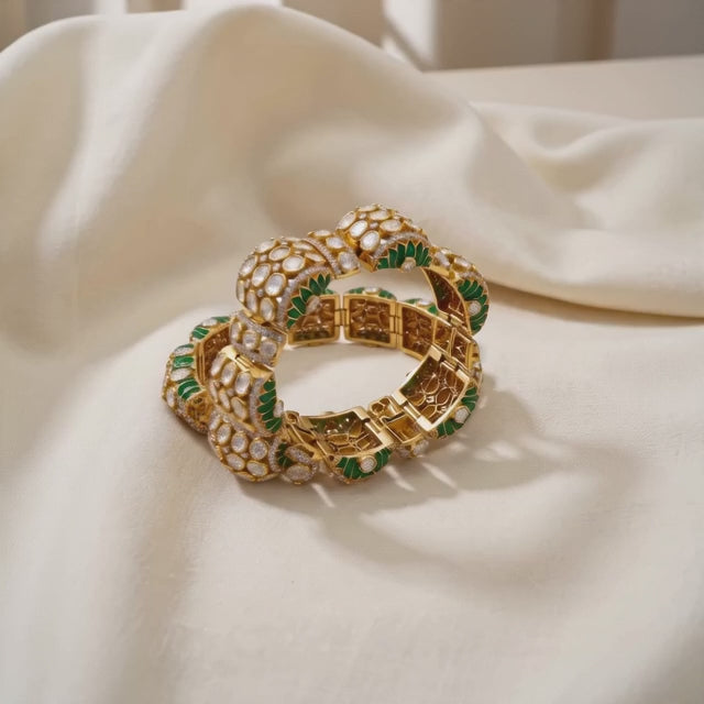 92.5 Silver Polki Jadau Bangle deep royal green shade