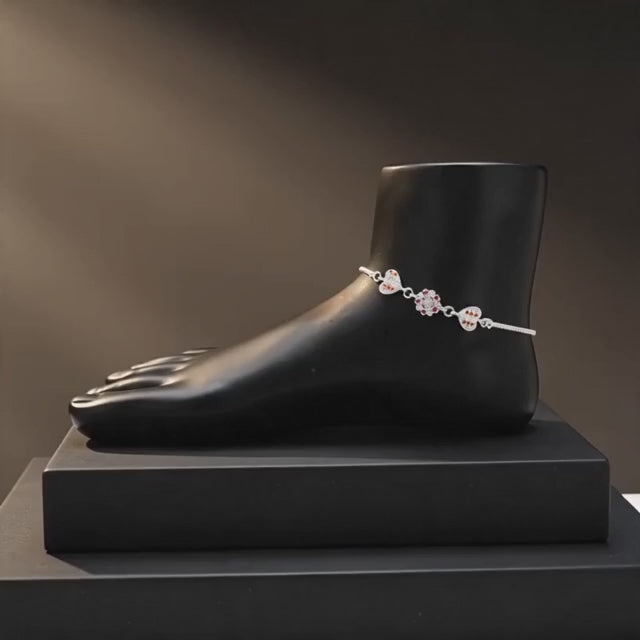 92.5 Sterling Silver Anklet with Heart & Flower Motifs