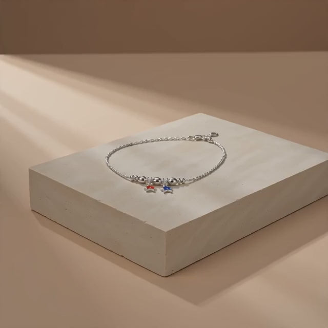 92.5 Sterling Silver Anklet with red & blue star charm