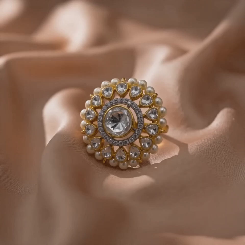 Stunning 92.5 Silver Polki Pearl Border Ring