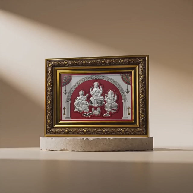 999 Silver Saraswati Laxmi Ganesh Ji Frame – Divine Blessings for Home & Office 9 Inches x 13 Inches