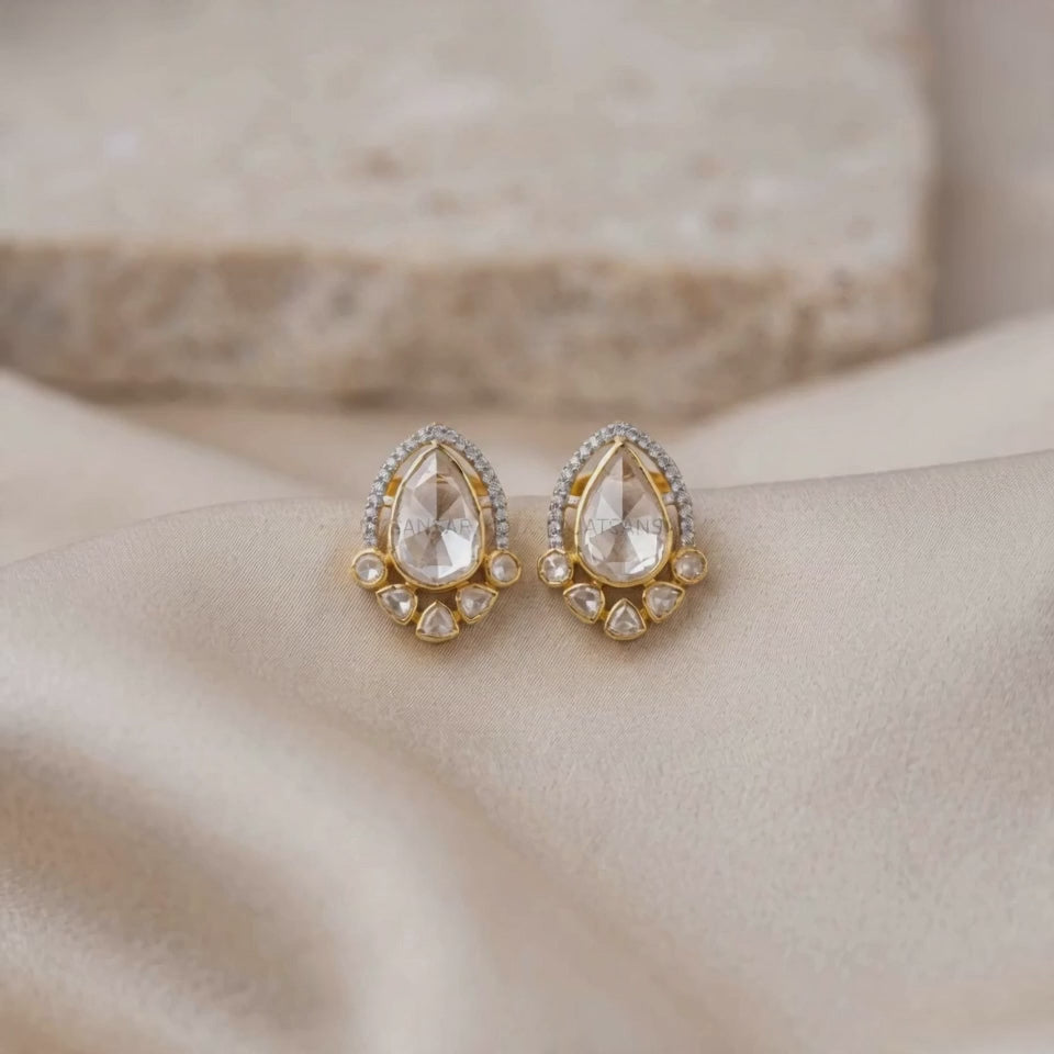 92.5 Silver Polki Tear-Drop shaped moissanite Stud Earring