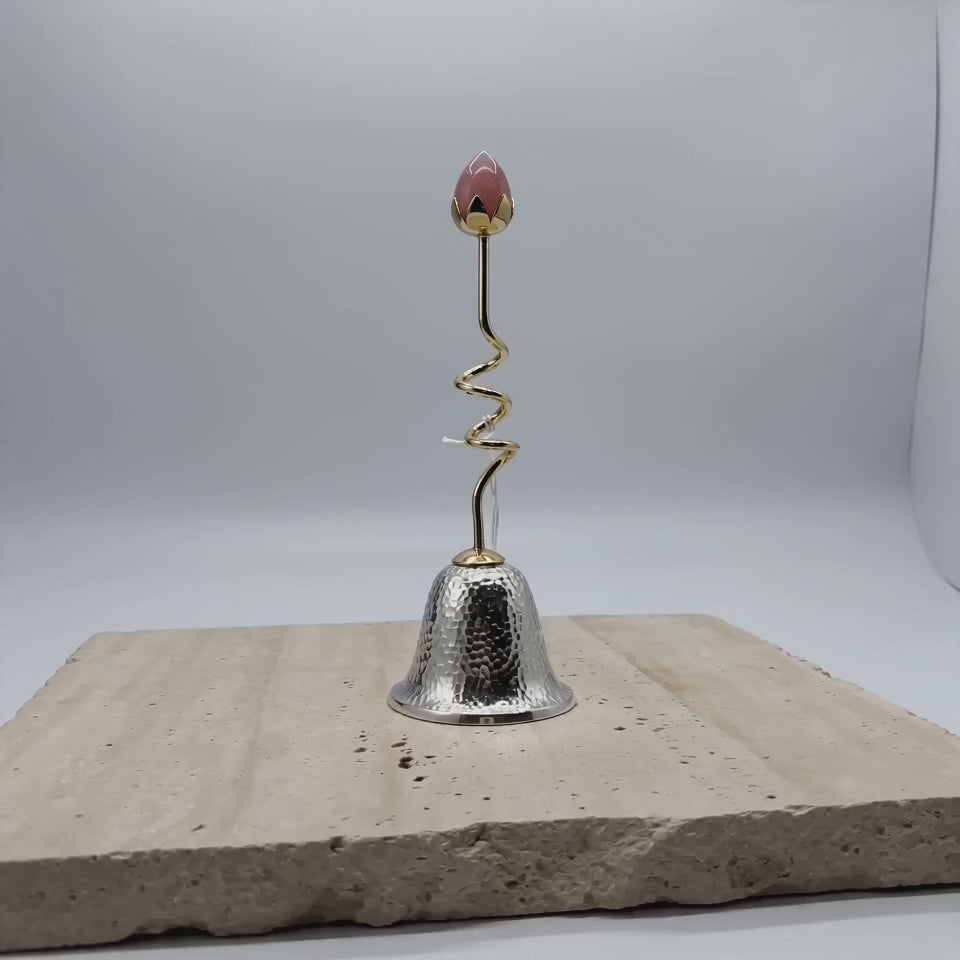 92.5 Silver Temple Bell with Copper Stem & Rose Quartz Crown | Spiritual Healing Bell