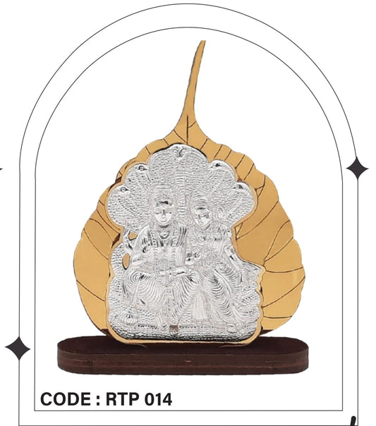 92.5 Silver Vishnu Ji & Lakshmi Ji Wooden Peepal Leaf Table Stand