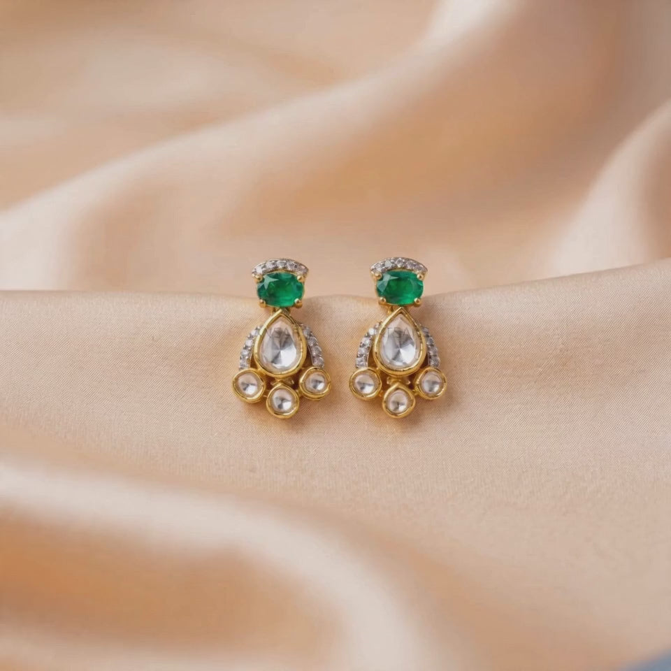 92.5 Silver Polki Earring Stud with Green Stone