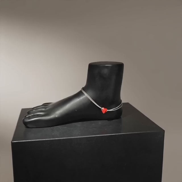 92.5 Italian Silver Anklet with Red Heart- Shaped