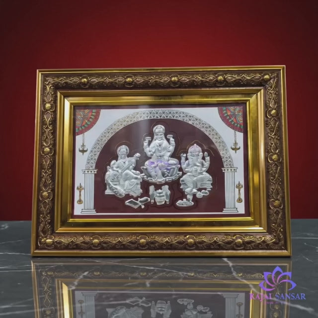999 Silver Saraswati Laxmi Ganesh Ji Frame – Divine Blessings for Home & Office 9 Inches x 13 Inches