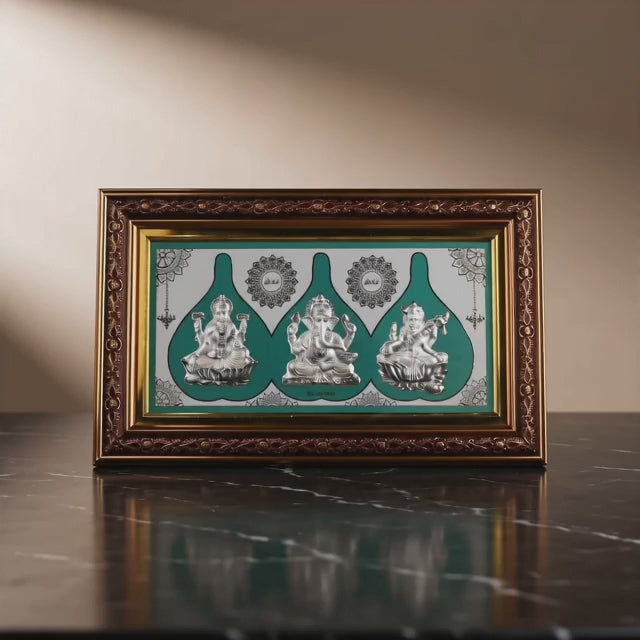 Sarva Mangala Tridev 999 Silver Frame- Lakshmi, Ganesh & Saraswati Size 23x38 cm