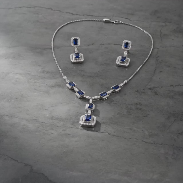 92.5 Sterling Silver Blue Sapphire Daimond Necklace Set