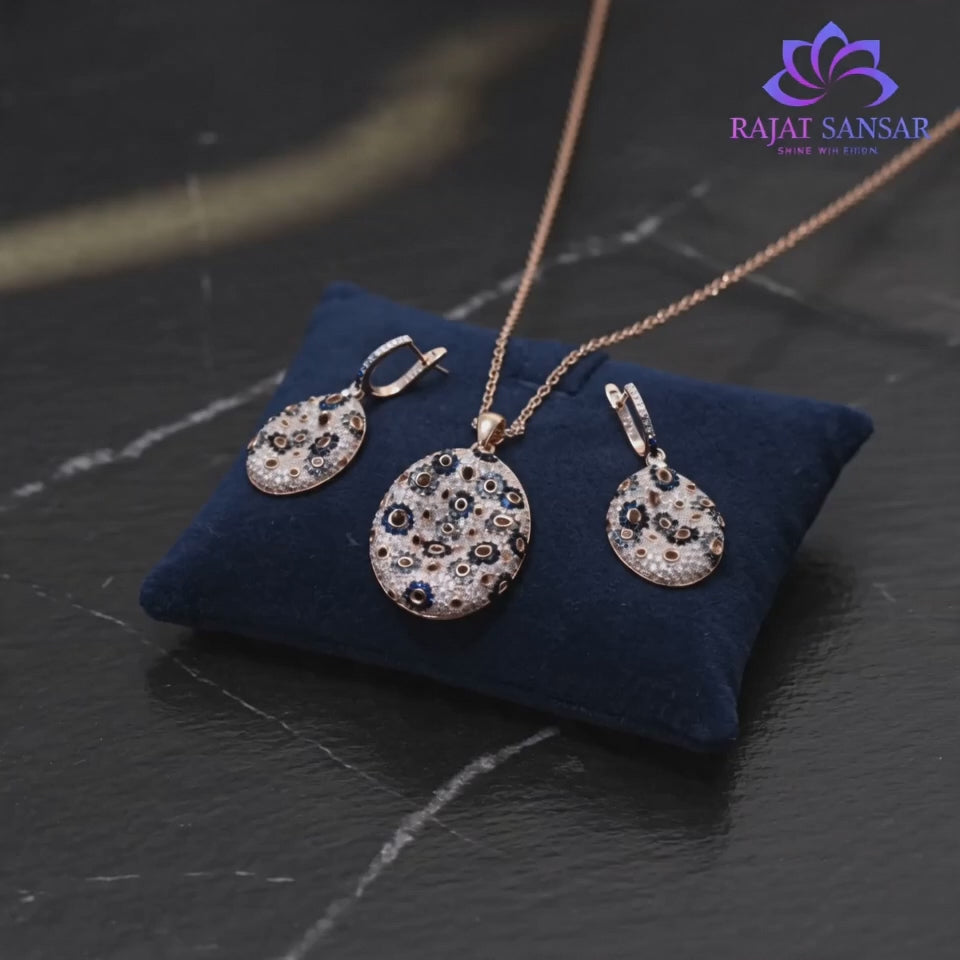 92.5 Silver rose gold finish Mosaic-style Pattern Pendant Set