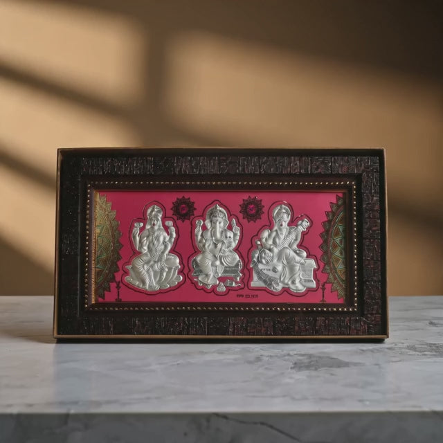 999 Pure Silver Lakshmi, Ganesh & Saraswati Ji Photo Frame (14 x 27cm)